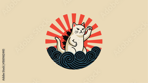 Angry Cat Godzilla Japanese Style Vector Illustration.
