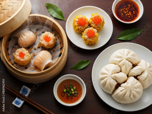 Assortment of traditional Chinese dim sum, including steamed buns, dumplings, and siu mai, served with various dipping sauces on a wooden table.