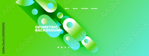 Bright green background features overlapping rounded shapes. Text reads Geometric Background with navigation options above. Simple dots indicate further sections.