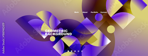 Abstract geometric shapes, vibrant purple hues dominate design. Modern website header with navigation options present. Fluid forms create dynamic visual impact.
