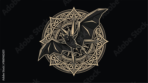 Bat with Ornate Golden Circle on Black Background.