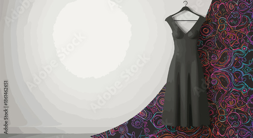 A stylish black dress hangs on a hanger against a vibrant, patterned backdrop, showcasing fashion and elegance in a modern, minimalist studio setting with artistic lighting.