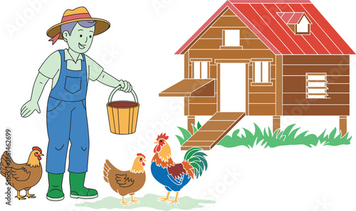 Cartoon farmer feeding chickens, outdoor farm scene, chicken coop, rural life, animal care, colorful illustration, agriculture, countryside, boots
