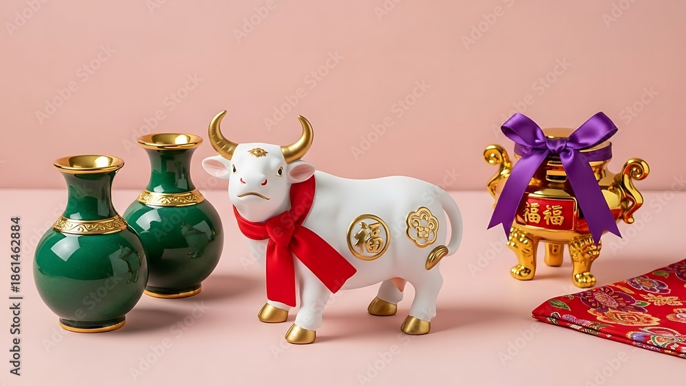 Obraz premium Chinese new year ox figurine with vases and decorations