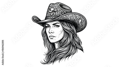 Beautiful Woman in Cowboy Hat Black and White Illustration.