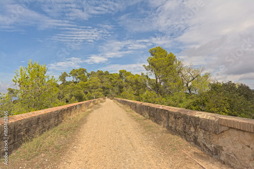 Photography Road over Can Ribes viaduct with green trees on the side in Sierra de Collserola