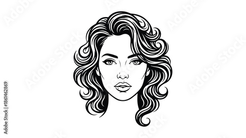 Beautiful Woman Face with Curly Hair Line Art Illustration.