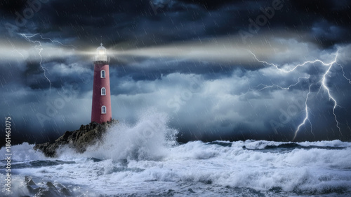 A resilient lighthouse shines brightly through a powerful storm and crashing waves