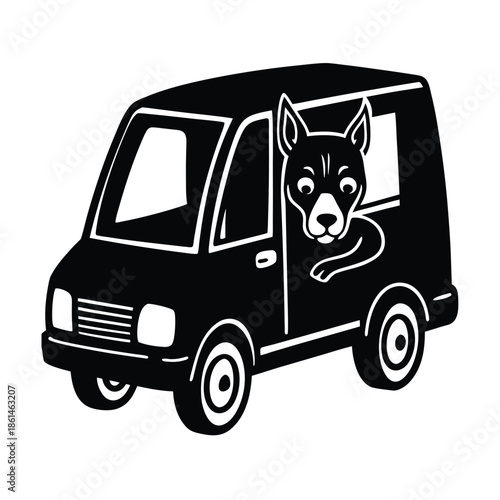 Dog's Journey: A dog playfully peeks out the window of a sleek van, ready for an exciting adventure, captured in a clean, stylish illustration.