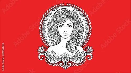 Beautiful Woman with Flowing Hair and Floral Ornaments.