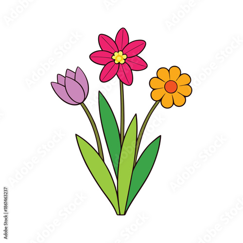 Bright spring flowers bloom in fresh colors as a gentle bee hovers nearby, collecting nectar and spreading life, warmth, and the joyful spirit of a sunny spring day.
