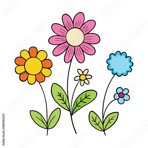 Bright spring flowers bloom in fresh colors as a gentle bee hovers nearby, collecting nectar and spreading life, warmth, and the joyful spirit of a sunny spring day.
