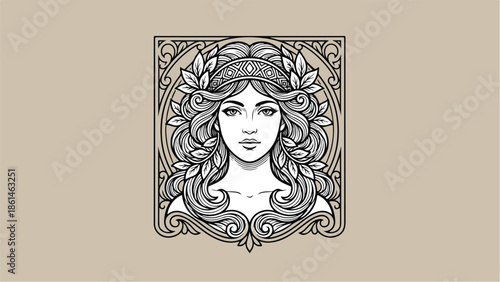 Beautiful woman with flowing hair and leaves in an ornate frame elegant black and white illustration.