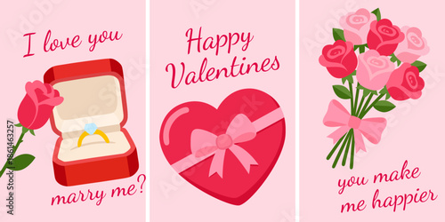 Cute Valentine's day greeting cards in cartoon flat style. Romantic art for poster, wall decor, prints, cards and wallpaper. Romantic postcards. Vector illustration