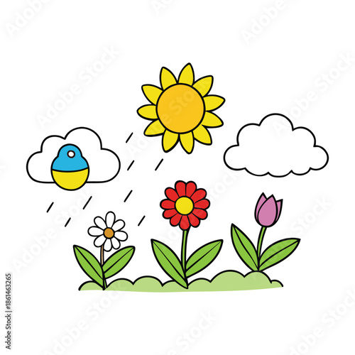 Bright spring flowers bloom in fresh colors as a gentle bee hovers nearby, collecting nectar and spreading life, warmth, and the joyful spirit of a sunny spring day.
