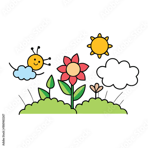 Bright spring flowers bloom in fresh colors as a gentle bee hovers nearby, collecting nectar and spreading life, warmth, and the joyful spirit of a sunny spring day.
