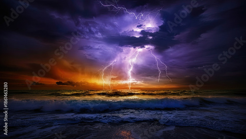 Powerful lightning striking the ocean during a dramatic thunderstorm and fiery sunset