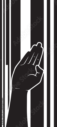 Silhouette of a hand reaching through vertical black and white bars