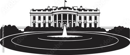 Black and white illustration of the white house with fountain and trees