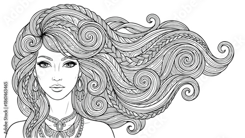 Beautiful Woman with Intricate Braided and Wavy Hair.