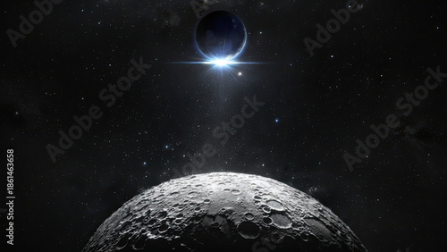 A distant planet rises above the cratered surface of a moon, illuminated by a brilliant light source