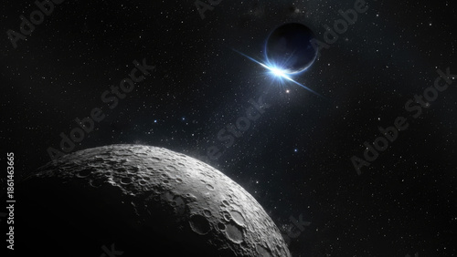 A breathtaking cosmic event where a celestial body rises behind a distant planet