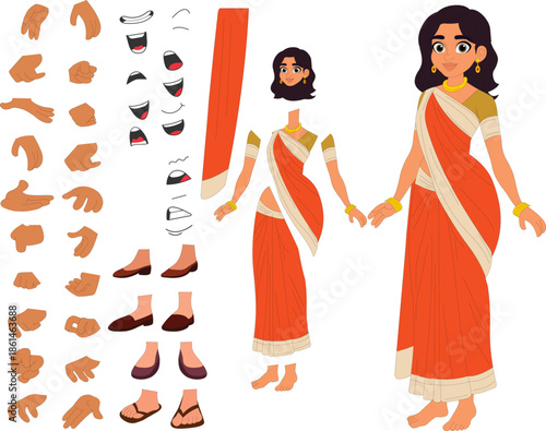 Indian Housewife in Orange Saree Cartoon Character Illustration
