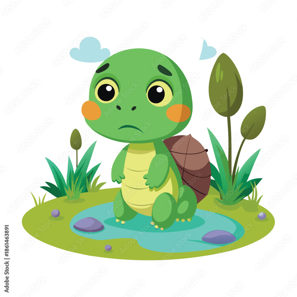 Obraz premium A cute happy green cartoon frog holding a leaf and a flower by a pond smiling at nature