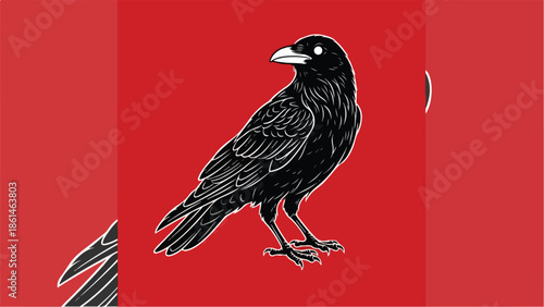 Black Crow with Glowing Eyes on a Vibrant Red Background.