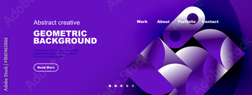 Purple website header displays abstract shapes, text, navigation options. Modern design promotes creative portfolio presentation.