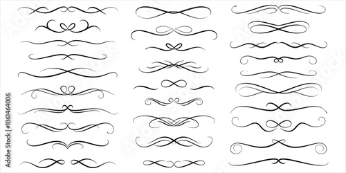 Assortment of black decorative calligraphic flourishes and dividers on white background ornament swirl