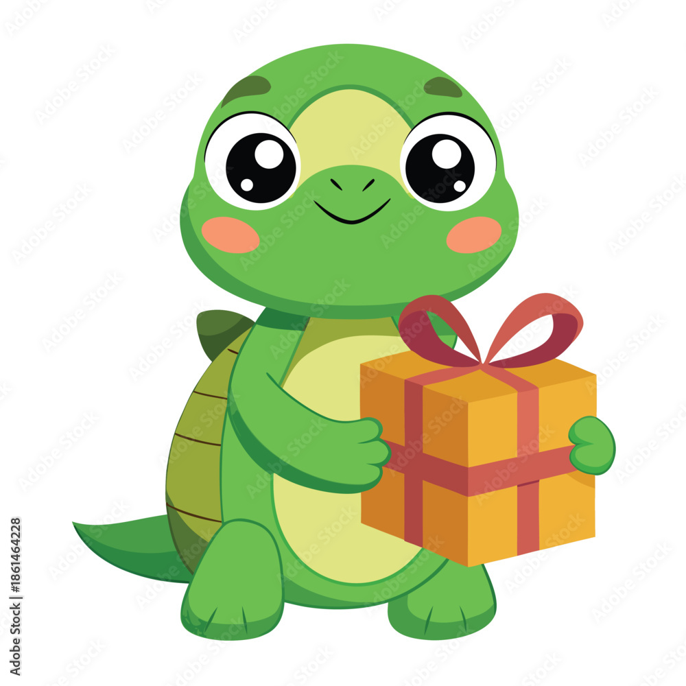 Fototapeta premium A cute green cartoon turtle smiling and holding a gift box in a fun animal illustration