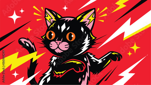 Cute black cat with lightning bolts and stars on a red background.