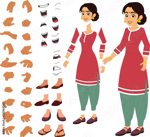 Indian Young Girl Cartoon Character in Traditional Dress
