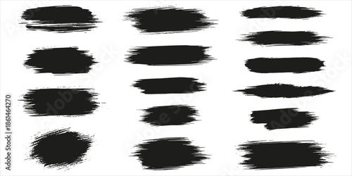 Assortment of Black Textured Brush Stroke Shapes on White Background Keywords: brush stroke, paint, ink, texture, grunge