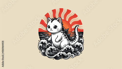 Cute Kaiju Cat in Ocean Waves with Japanese Sun.