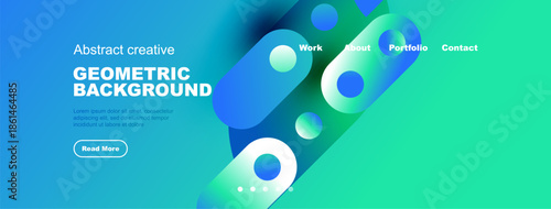 Abstract turquoise background features flowing shapes, text elements, navigation menu. Modern design promotes creativity, information access.