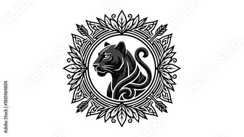 Elegant Black Panther Head in Ornate Floral Frame.