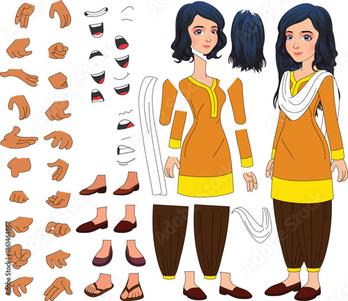 Modular 2D Cartoon Assets in Traditional Salwar Kameez
