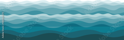 Abstract ocean waves blending with misty mountains under a calm blue sunrise sky