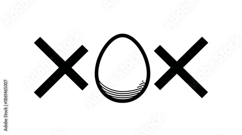 Black and white vector icon of an egg between two 'X' marks, simple graphic symbol for error, problem, or rejected concept.