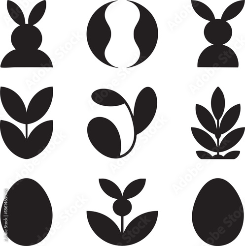 Minimalist black and white graphic design featuring rabbits leaves and eggs