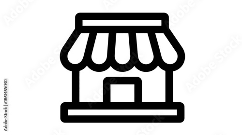 Storefront icon with striped awning. Simple line art vector graphic representing a shop, market, or retail business.