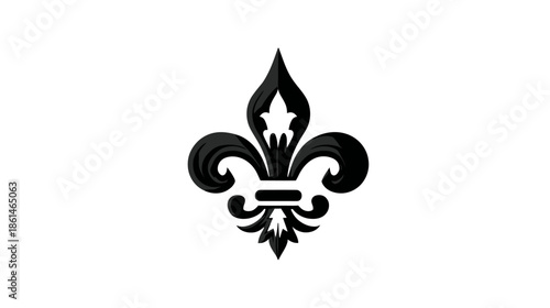 Ornate Black Fleur-de-lis Symbol on White Background. Decorative Heraldic Lily Icon, Classic Graphic Element, French Inspired Design