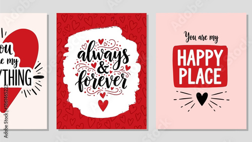 Set of three beautifully designed romantic greeting cards with heartfelt messages and decorative typography, ideal for Valentine's Day, anniversaries, or expressing love