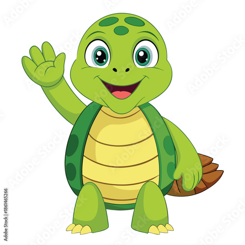 A cute green cartoon turtle smiles happily, standing like a cheerful character with a round shell, playful style, and fun animal illustration vibe
Happy Smiling Cartoon Turtle Character