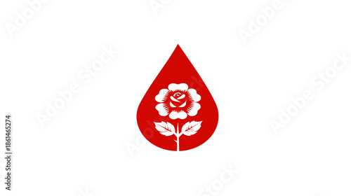 Elegant red teardrop icon with a stylized white rose flower design, symbolizing love, beauty, passion, and care.