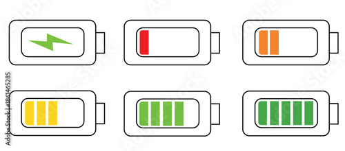 Set of vertical battery charge level indicators in percentage vector. Battery indicator symbols. 0-100 percent.