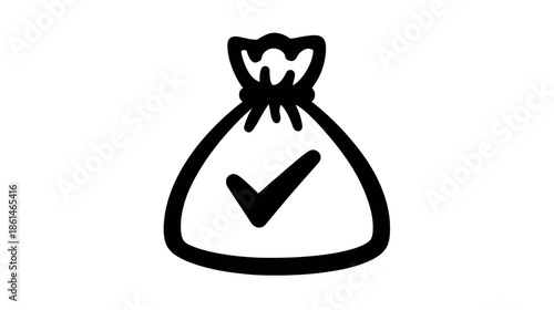 Money bag with checkmark icon, hand-drawn style, symbolizing financial success, secure payment, savings, bonus, and profit.