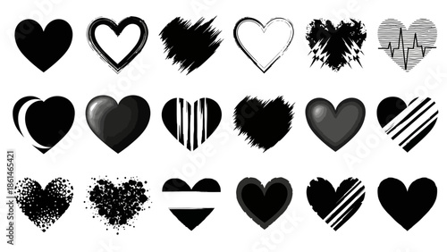 Diverse collection of vector heart shapes in black and white, featuring a variety of artistic styles, textures, and outlines perfect for design projects and romantic themes